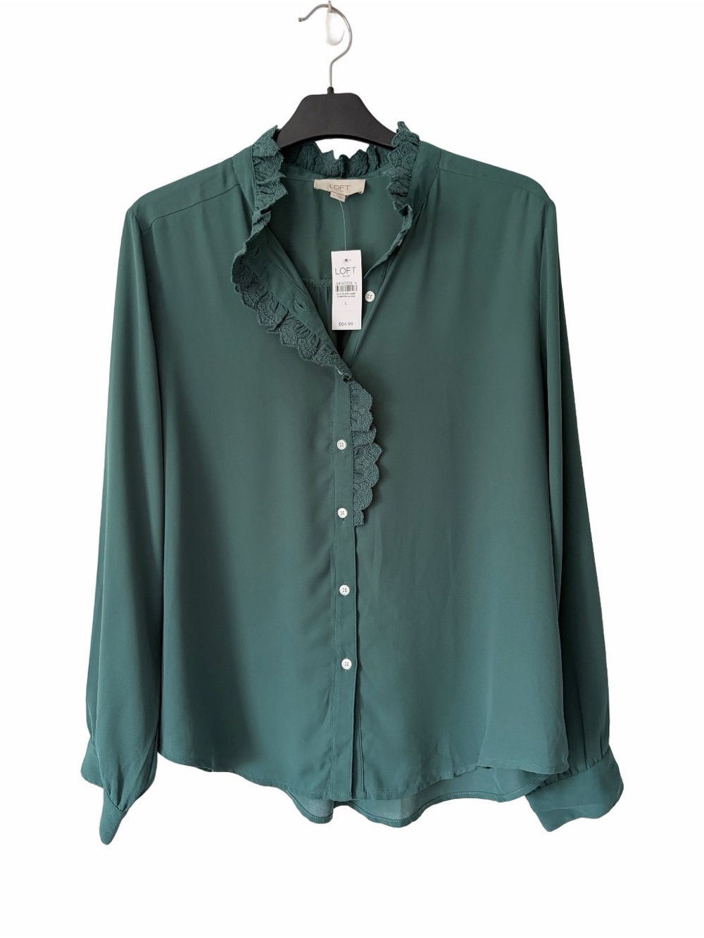 LOFT Outlet NWTs Green Ruffle-Trim Button Front Blouse size large